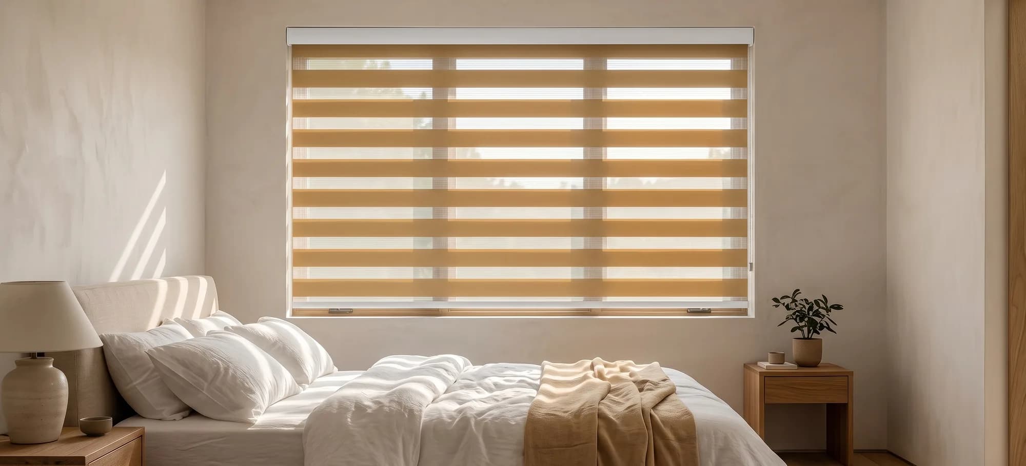 A golden zebra shade filtering morning light across a linen bed.